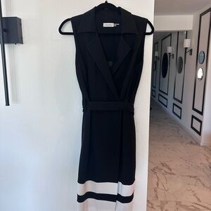 Calvin Klein Black and White Belted Midi Dress
